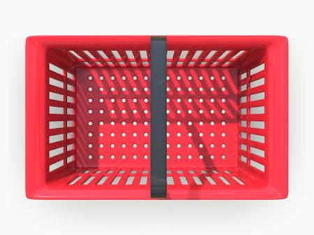 Empty Red Plastic Shopping Basket Isolated on White Background, Grocery Supermarket and Store Container, Hypermarket Product Carry Object, Realistic 3d Ilustrationの写真素材