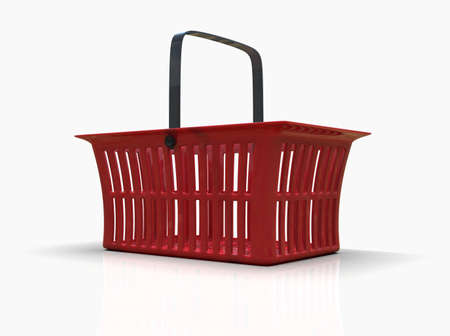 Empty Red Plastic Shopping Basket Isolated on White Background, Grocery Supermarket and Store Container, Hypermarket Product Carry Object, Realistic 3d Ilustrationの写真素材