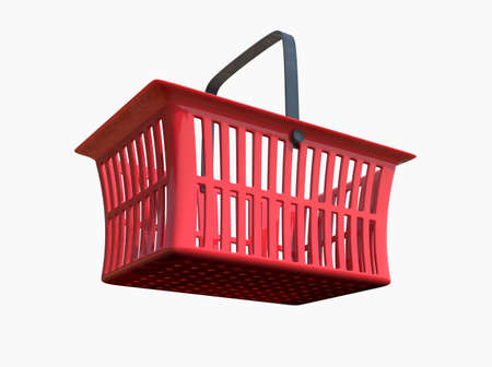 Empty Red Plastic Shopping Basket Isolated on White Background, Grocery Supermarket and Store Container, Hypermarket Product Carry Object, Realistic 3d Ilustrationの写真素材