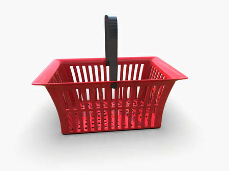 Empty Red Plastic Shopping Basket Isolated on White Background, Grocery Supermarket and Store Container, Hypermarket Product Carry Object, Realistic 3d Ilustrationの写真素材