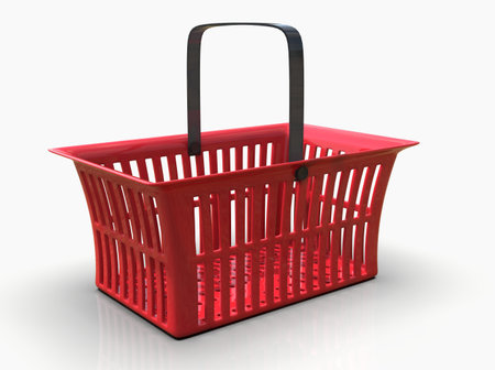 Empty Red Plastic Shopping Basket Isolated on White Background, Grocery Supermarket and Store Container, Hypermarket Product Carry Object, Realistic 3d Ilustrationの写真素材