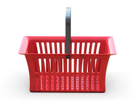 Empty Red Plastic Shopping Basket Isolated on White Background, Grocery Supermarket and Store Container, Hypermarket Product Carry Object, Realistic 3d Ilustrationの写真素材