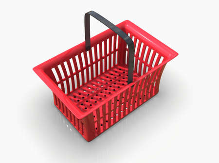 Empty Red Plastic Shopping Basket Isolated on White Background, Grocery Supermarket and Store Container, Hypermarket Product Carry Object, Realistic 3d Ilustrationの写真素材