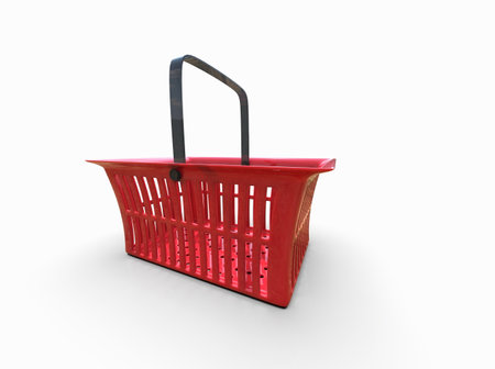 Empty Red Plastic Shopping Basket Isolated on White Background, Grocery Supermarket and Store Container, Hypermarket Product Carry Object, Realistic 3d Ilustrationの写真素材