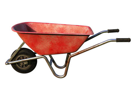 Old DirtyÂ Garden Metal Wheelbarrow CartÂ Isolated on White, UsedÂ Gardening Tool Equipment Side View.Â Agriculture Cart Wheel Farm,Â Flat Lawn Ground Supplies,Â Garden Trolley,Â Handcart with Wheelの写真素材