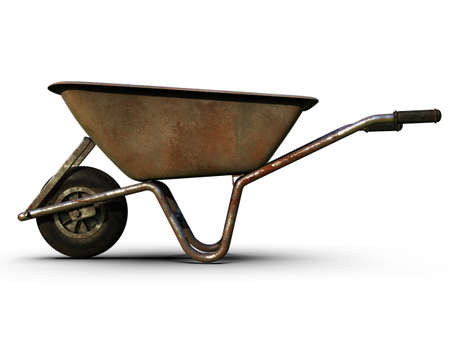 Old DirtyÂ Garden Metal Wheelbarrow CartÂ Isolated on White, UsedÂ Gardening Tool Equipment Side View.Â Agriculture Cart Wheel Farm,Â Flat Lawn Ground Supplies,Â Garden Trolley,Â Handcart with Wheelの写真素材