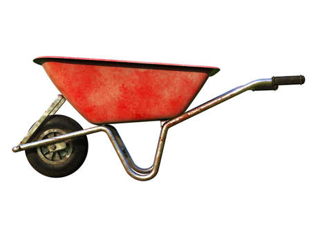 Old DirtyÂ Garden Metal Wheelbarrow CartÂ Isolated on White, UsedÂ Gardening Tool Equipment Side View.Â Agriculture Cart Wheel Farm,Â Flat Lawn Ground Supplies,Â Garden Trolley,Â Handcart with Wheelの写真素材