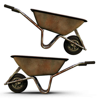 Old DirtyÂ Garden Metal Wheelbarrow CartÂ Isolated on White, UsedÂ Gardening Tool Equipment Side View.Â Agriculture Cart Wheel Farm,Â Flat Lawn Ground Supplies,Â Garden Trolley,Â Handcart with Wheelの写真素材