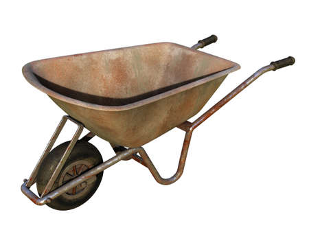 Old DirtyÂ Garden Metal Wheelbarrow CartÂ Isolated on White, UsedÂ Gardening Tool Equipment Side View.Â Agriculture Cart Wheel Farm,Â Flat Lawn Ground Supplies,Â Garden Trolley,Â Handcart with Wheelの写真素材