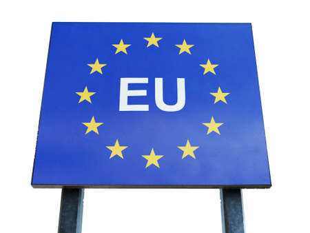 Closeup of EuropeanÂ EUÂ Road Sign with the European Union Flag,Â Standard EU Border Roadsign Indicating the Entranceの写真素材