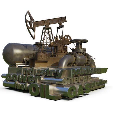 Oil Gas Production Word Cloud, Tag Cloud about Energy and Power Industrial Concept, Pump-Jack and Pipeline with Industry Words Cloud, Energy Generation and Heavy Industry, Infographics 3D Renderingの写真素材