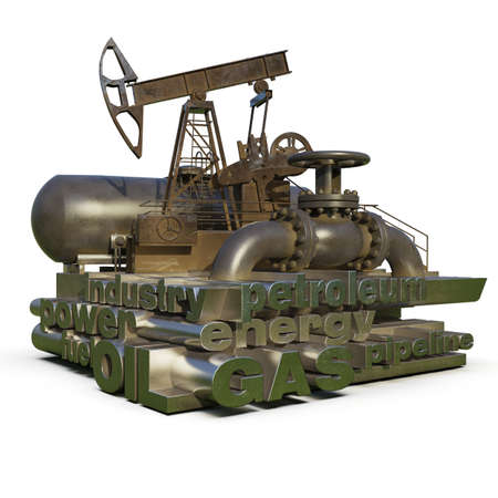 Oil Gas Production Word Cloud, Tag Cloud about Energy and Power Industrial Concept, Pump-Jack and Pipeline with Industry Words Cloud, Energy Generation and Heavy Industry, Infographics 3D Renderingの写真素材