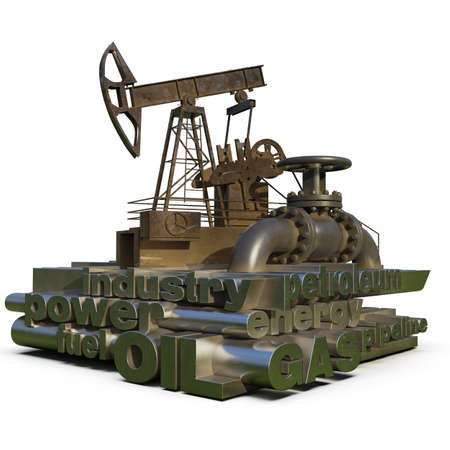 Oil Gas Production Word Cloud, Tag Cloud about Energy and Power Industrial Concept, Pump-Jack and Pipeline with Industry Words Cloud, Energy Generation and Heavy Industry, Infographics 3D Renderingの写真素材