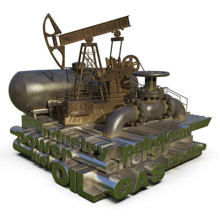 Oil Gas Production Word Cloud, Tag Cloud about Energy and Power Industrial Concept, Pump-Jack and Pipeline with Industry Words Cloud, Energy Generation and Heavy Industry, Infographics 3D Renderingの写真素材