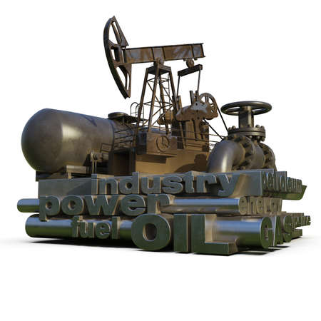 Oil Gas Production Word Cloud, Tag Cloud about Energy and Power Industrial Concept, Pump-Jack and Pipeline with Industry Words Cloud, Energy Generation and Heavy Industry, Infographics 3D Renderingの写真素材