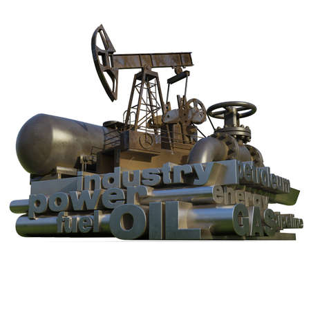 Oil Gas Production Word Cloud, Tag Cloud about Energy and Power Industrial Concept, Pump-Jack and Pipeline with Industry Words Cloud, Energy Generation and Heavy Industry, Infographics 3D Renderingの写真素材