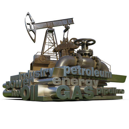 Oil Gas Production Word Cloud, Tag Cloud about Energy and Power Industrial Concept, Pump-Jack and Pipeline with Industry Words Cloud, Energy Generation and Heavy Industry, Infographics 3D Renderingの写真素材