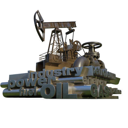 Oil Gas Production Word Cloud, Tag Cloud about Energy and Power Industrial Concept, Pump-Jack and Pipeline with Industry Words Cloud, Energy Generation and Heavy Industry, Infographics 3D Renderingの写真素材