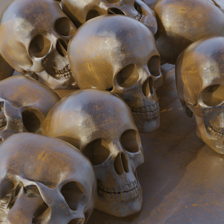 Lots of Old Skulls. Horror, Victims, Losses in War. 3d illustrationの写真素材