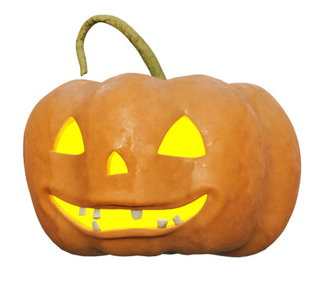 Glowing Halloween Pumpkin Isolated on White Background,Â Scary Jack O Lantern Halloween Pumpkin with Candle Light Inside, Happy Halloween,Â 3d renderの写真素材