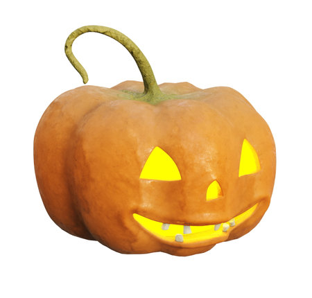 Glowing Halloween Pumpkin Isolated on White Background,Â Scary Jack O Lantern Halloween Pumpkin with Candle Light Inside, Happy Halloween,Â 3d renderの写真素材