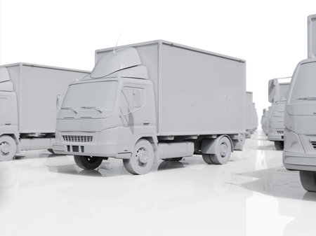Lots of Cargo Delivery Trucks on a Light Background, Logistic Transport, Delivery Van, Truck Delivering Online Orders, Purchases, Delivery Order Concept, Wholesale Merchandise, 3D Renderingの写真素材
