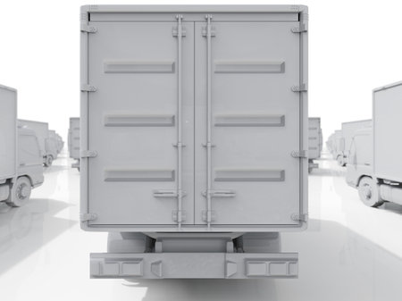 Lots of Cargo Delivery Trucks on a Light Background, Logistic Transport, Delivery Van, Truck Delivering Online Orders, Purchases, Delivery Order Concept, Wholesale Merchandise, 3D Renderingの写真素材