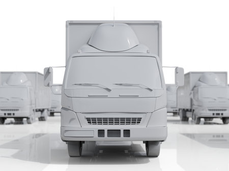 Lots of Cargo Delivery Trucks on a Light Background, Logistic Transport, Delivery Van, Truck Delivering Online Orders, Purchases, Delivery Order Concept, Wholesale Merchandise, 3D Renderingの写真素材