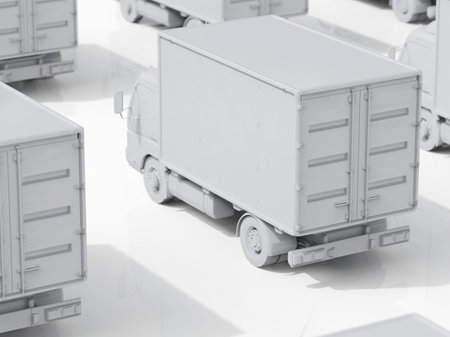 Lots of Cargo Delivery Trucks on a Light Background, Logistic Transport, Delivery Van, Truck Delivering Online Orders, Purchases, Delivery Order Concept, Wholesale Merchandise, 3D Renderingの写真素材