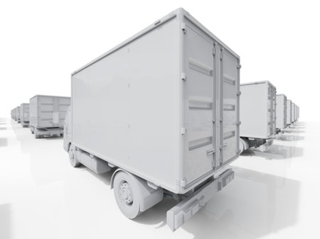 Lots of Cargo Delivery Trucks on a Light Background, Logistic Transport, Delivery Van, Truck Delivering Online Orders, Purchases, Delivery Order Concept, Wholesale Merchandise, 3D Renderingの写真素材