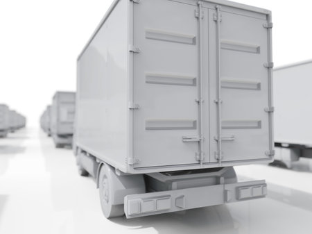 Lots of Cargo Delivery Trucks on a Light Background, Logistic Transport, Delivery Van, Truck Delivering Online Orders, Purchases, Delivery Order Concept, Wholesale Merchandise, 3D Renderingの写真素材