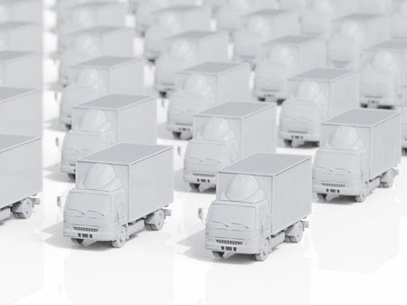 Lots of Cargo Delivery Trucks on a Light Background, Logistic Transport, Delivery Van, Truck Delivering Online Orders, Purchases, Delivery Order Concept, Wholesale Merchandise, 3D Renderingの写真素材