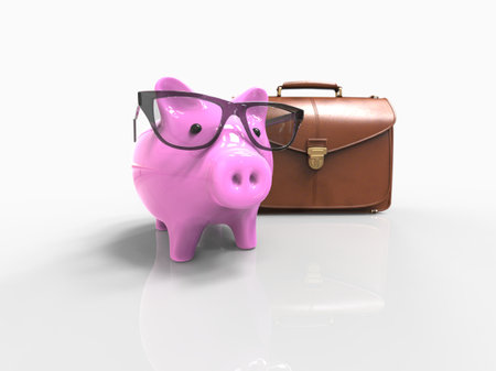 Piggy Bank in Glasses , Piggybank Wearing Glasses on Suitcase Background, Smart Money Saving Concept of Cash Deposit Investment or Financial Planning, Advisor Banking for Retirement, 3d Illustrationの写真素材