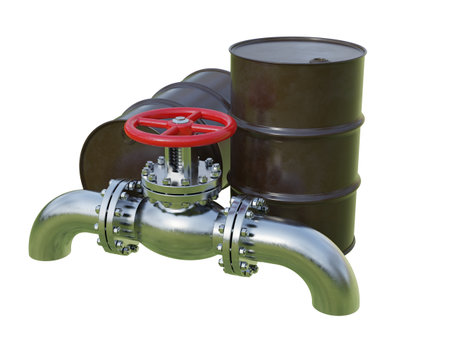 Crude Oil Gas Petroleum Production Sign, Natural Gas Supply Steel Pipelines and Process Valve against Oil Black Barrel Isolation on White Background, Oil Refinery Market, 3D industrial Illustrationの写真素材