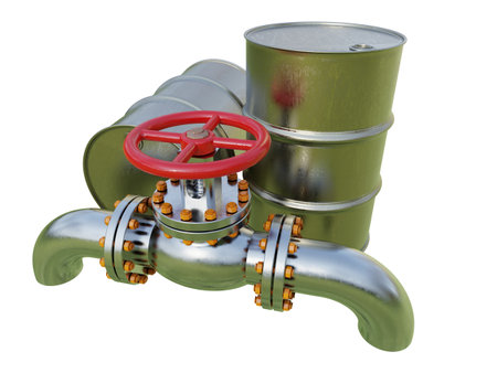 Crude Oil Gas Petroleum Production Sign, Natural Gas Supply Steel Pipelines and Process Valve against Oil Black Barrel Isolation on White Background, Oil Refinery Market, 3D industrial Illustrationの写真素材