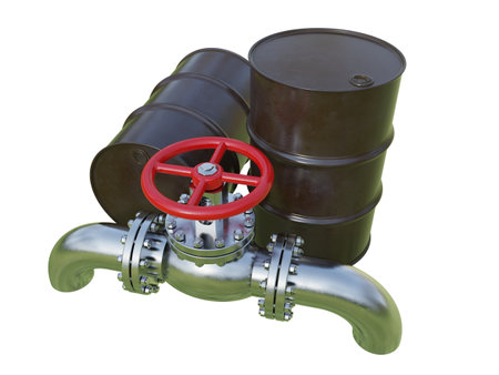 Crude Oil Gas Petroleum Production Sign, Natural Gas Supply Steel Pipelines and Process Valve against Oil Black Barrel Isolation on White Background, Oil Refinery Market, 3D industrial Illustrationの写真素材