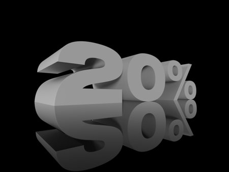 20 percent discount on black background. 3d illustration. Mirror reflection.の写真素材