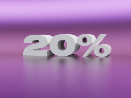 3d illustration of 20 percent off, over purple background with reflectionの写真素材