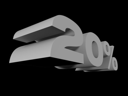 20 percent off. Discount 20 %. 3D illustration on black background.の写真素材