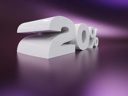 3d render of 20 percent off discount in purple background with reflectionの写真素材