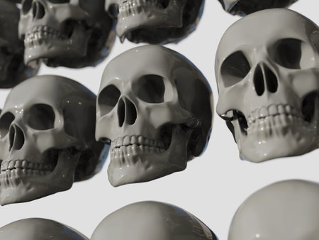 Row of RealisticÂ Human Skull Cranium Isolated on White Background,Â Medical and Anthropological Concept, Medical Research, 3d illustrationの写真素材
