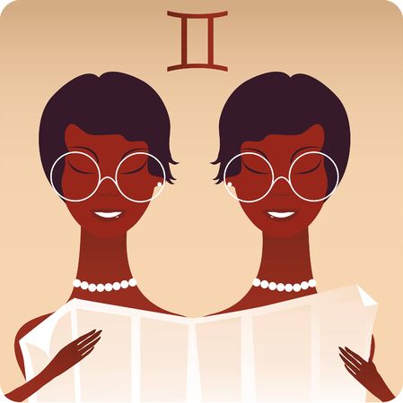 Cartoon Illustration of gold Gemini The Twins Zodiac Horoscope Sigのイラスト素材