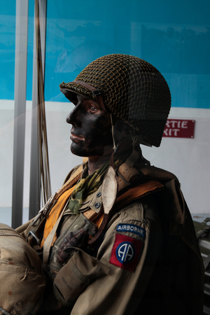 France, Normandy, June 6, 2011 - Mannequin of the American paratrooper during the landing of the Allies in Normandy.のeditorial素材