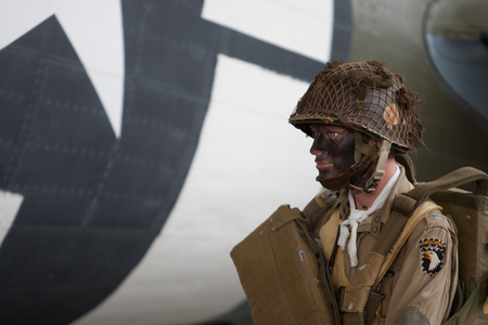 France, Normandy, June 6, 2011 - Mannequin of the American paratrooper in 1944 during the landing of the Allies in Normandy.のeditorial素材