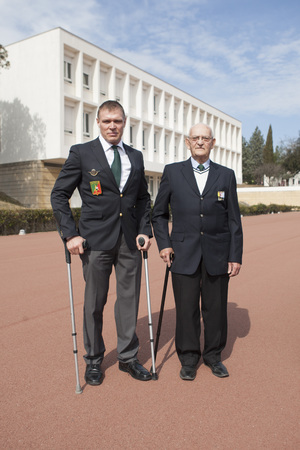 Aubagne, France. May 11, 2012. Portrait of veterans of the French foreign legion with crutches.のeditorial素材