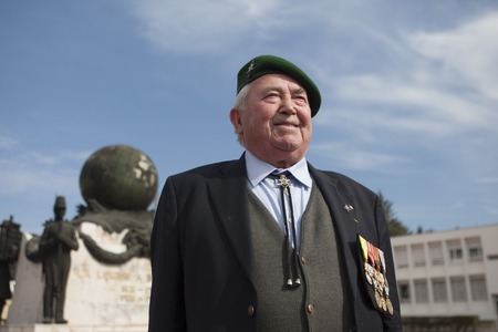 Aubagne, France. May 11, 2012. Portrait of a veteran of the French Foreign Legion in a green beret at the monument.のeditorial素材