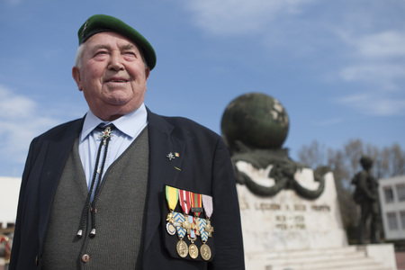 Aubagne, France. May 11, 2012. Portrait of a veteran of the French Foreign Legion in a green beret at the monument.のeditorial素材