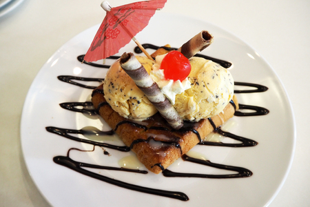 Dessert with bread and ice creamの写真素材