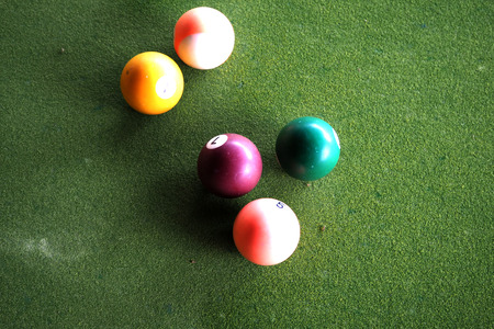 The colourful pool ball on the green background