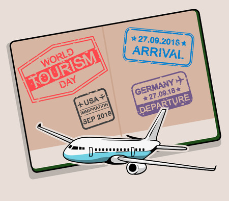 World tourism day stamp on opened passport.のイラスト素材